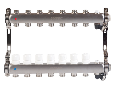 Коллектор для тепл. пола, нерж. сталь, с запорн., в/о и дренаж., ДУ25, ВР1"х 8 конт. НР 3/4" (8598)